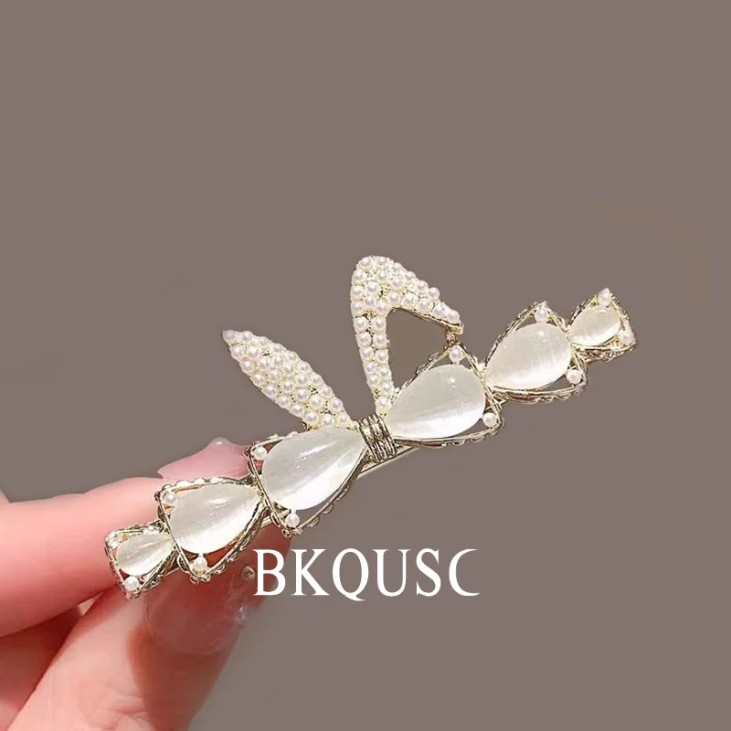 New Fashion Women\'s Hairpin Pearl Rhinestone Bow Knot Duckbill Clip for Hair Elegant Female Metal Hair Clip Sweet Side Barrettes