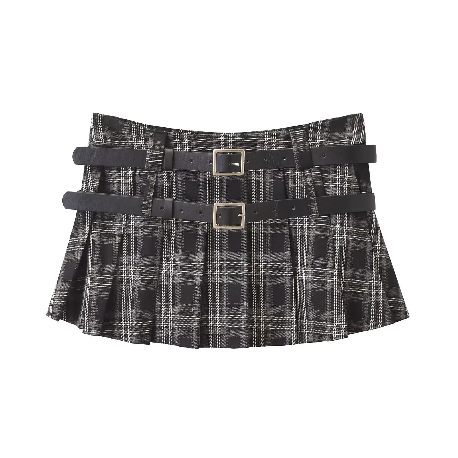 Sli ort geruite plooirok met dubbel riemontwerp Amerikaanse Sle f-lengte rok met lage taille voor trendy meisjes