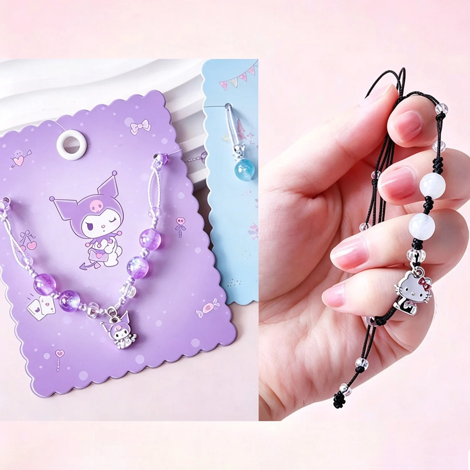 Kuromi Cinnamoroll Braided Beaded Wrist Ornament Glitter Crackle Beads Hand‑woven Craft For Girls Daily Decoration Holiday Gift