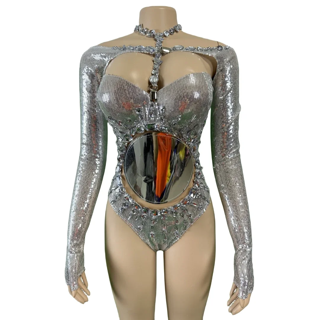 

Women Rhinestone Sequins Silver Sexy Crystals Long Sleeve Bodysuits DJ DS Gogo Nightclub Party Drag Queen Outfit