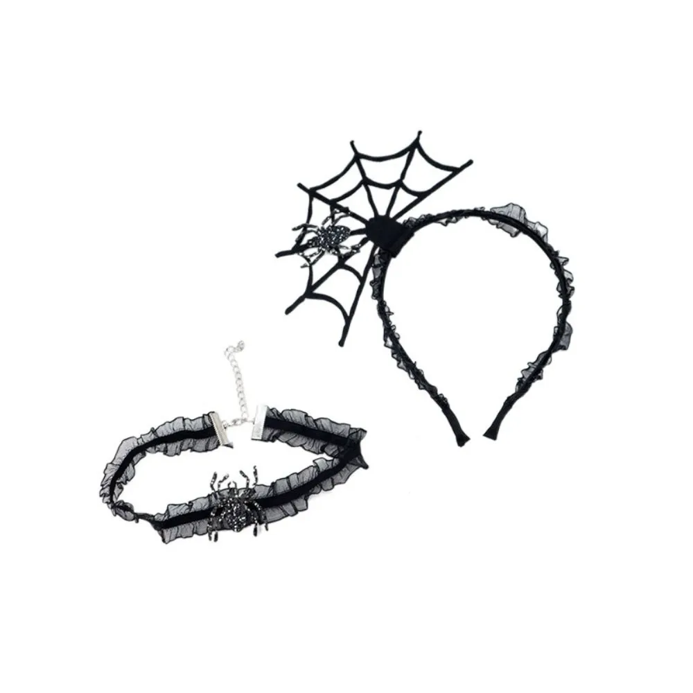 Fashion Black Halloween Headband Ruffles Mesh Hairband Necklace Set Hollow Cosplay Props Spider Web Hairband Party