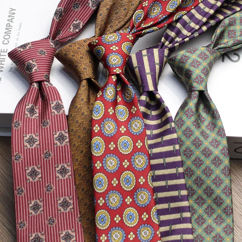 8cm Width Brown Colorful Printed Neckties Mens Silky Polyester Yellow Flower Neck Tie Business Casual Shirt Accessories Cravat
