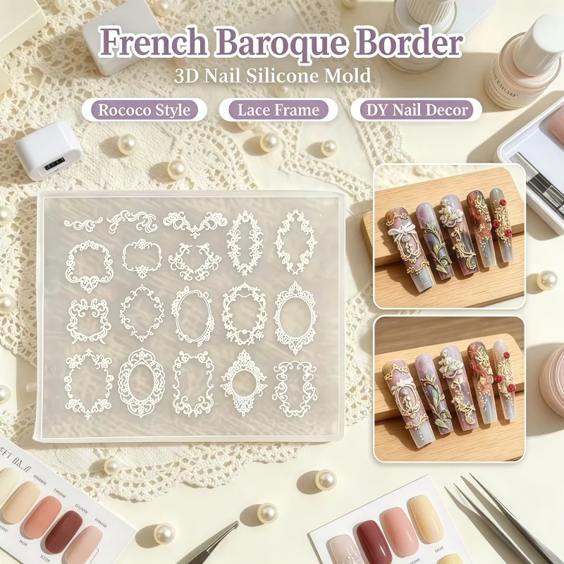 Retro Hair Curl Pattern Baroque Frame 3D Relief French Style Nail Art Silicone Mold for Professional And Home Use