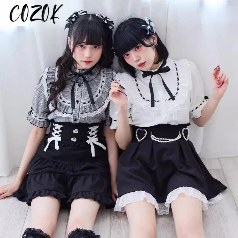 Nuova camicia giapponese Versatile retrò monopetto Fungo Bordo in pizzo Skinny Dolce Industria pesante Lolita Camicetta Top carino per le donne