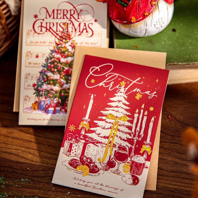 4pcs Rectangular Christmas Greeting Cards Candlelight Song Series Handmade Blessing Small Card Creative Practical Decor Gifts