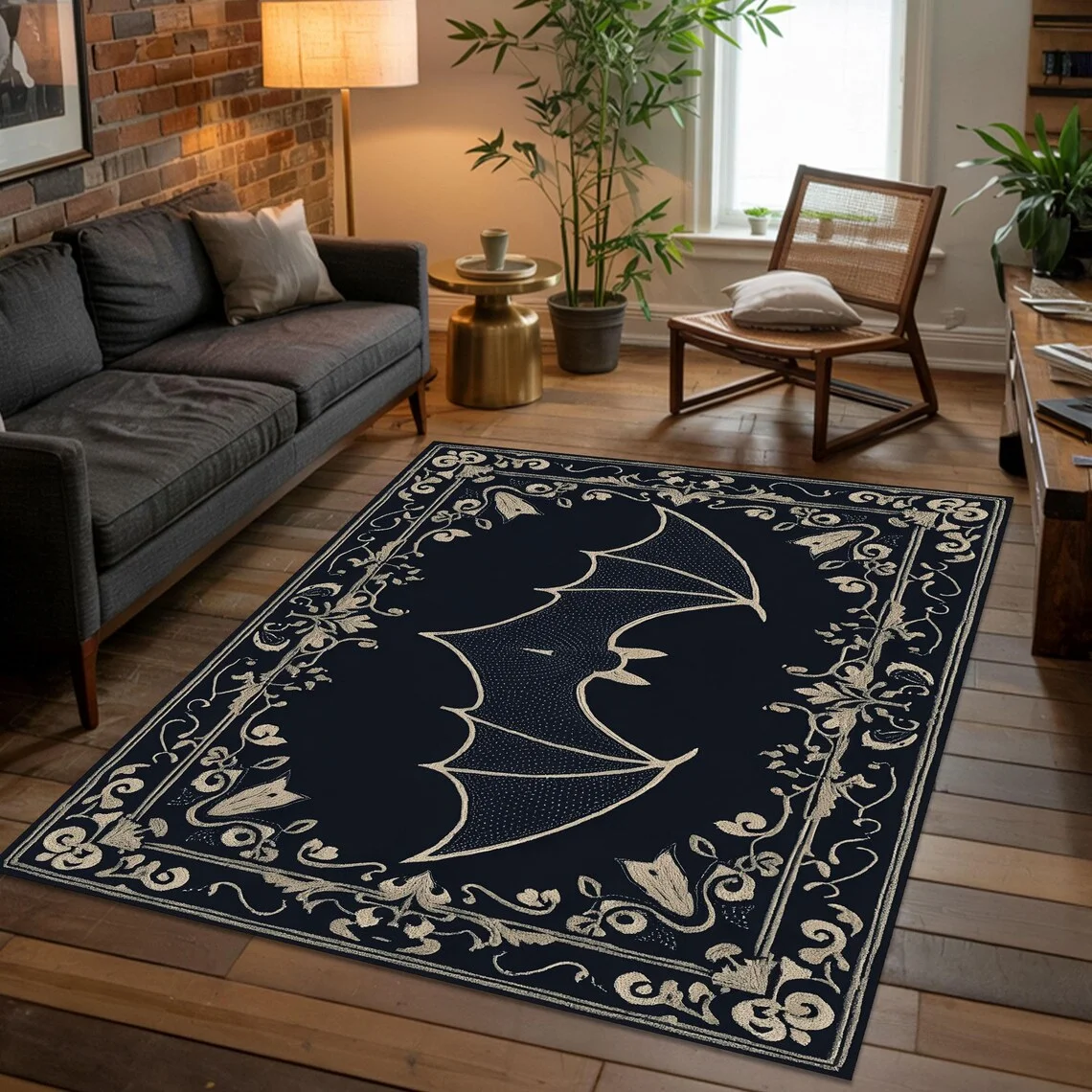 Gothic Fledermaus Teppich, Halloween Horror Dekor, Vintage Look Vampir Themen Teppich, Dark Academia Home Accent Wohnzimmer Teppich