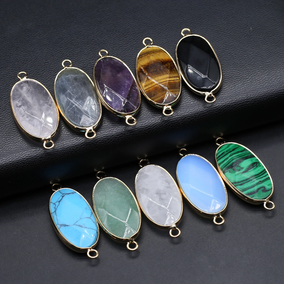 10PCS Wholesale Natural Stone Random Color Oval Connector Pendant 38x16mm Jewelry Making DIY Necklace Earrings Accessories Gift