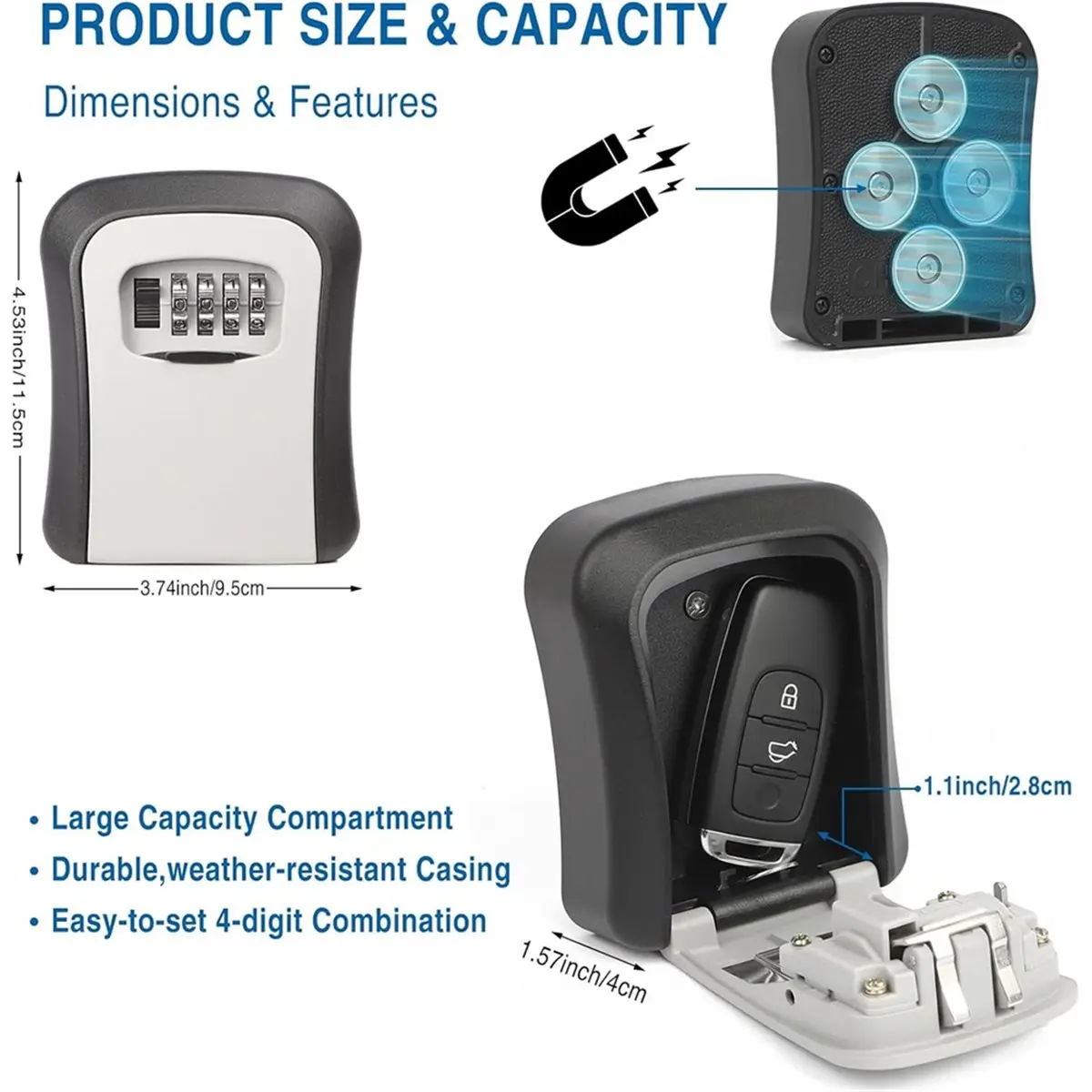 2026 New Magnetic Key Box for Under Car, Waterproof Combination Lock Box with Strong Magnets, Resettable 4-Digit Code Holder