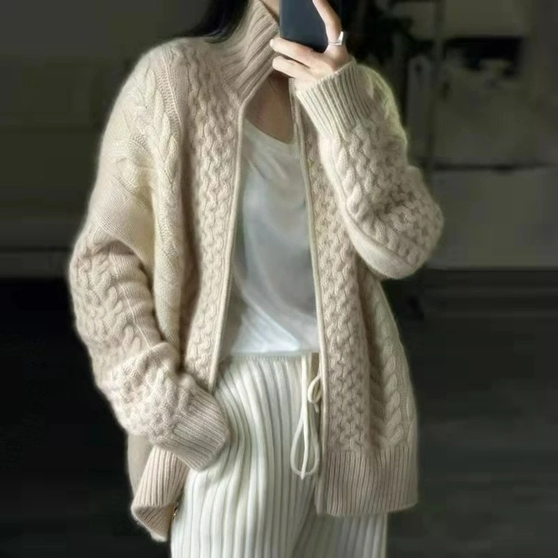 

2026 Winter Season Thickened Women High-neck Zipper Tweed Cashmere Cardigan A Soft Laid-back Loose Short Sweater Wool Top Coat