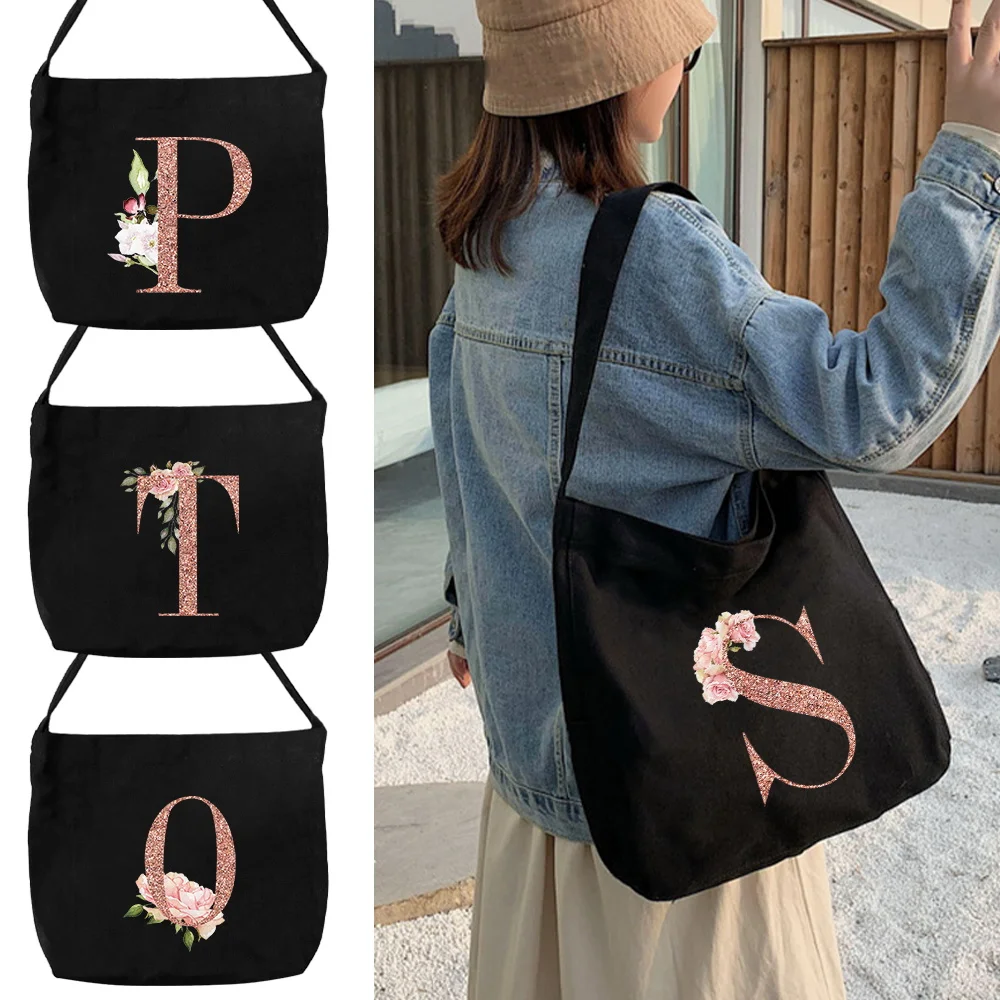 Handbag Tote Bags Canvas  Black Shoulder Bags for Commuting Bag Printingrose Gold Series College Style Student Organizers Bag