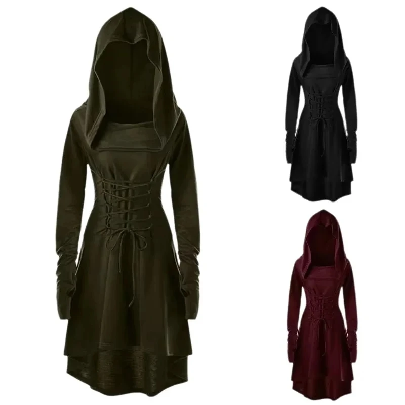 

Medieval Cosplay Renaissance Archer Costumes Hooded Robe Lace Up Pullover Long Hoodie Dress Cloak Halloween Party