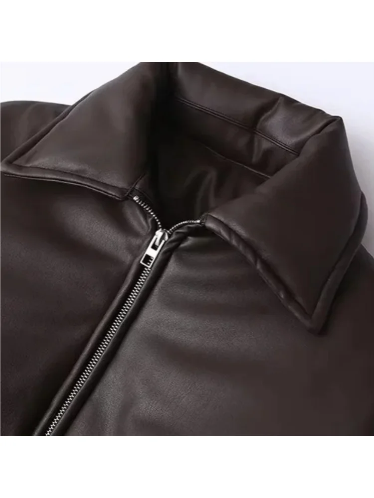 الشارع الشهير امرأة ريترو فضفاض قصير بولي PU فو سترات من الجلد الإناث سستة معطف خمر موتو السائق أبلى المرأة الشتاء جلد الغنم