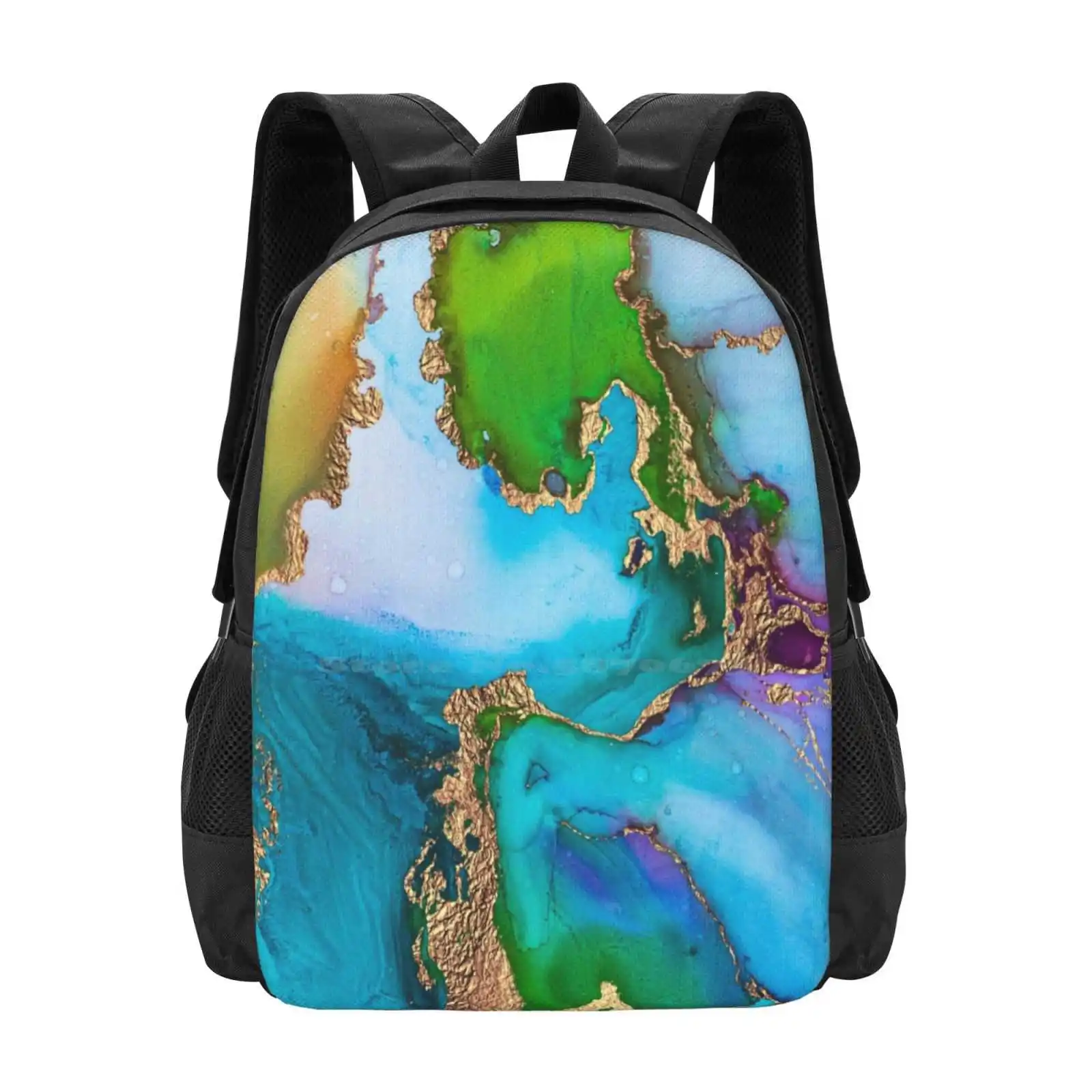 Abstract Faux Marble Mermaid Gemstone With Gold Glitter Pattern Design Bag Student'S Backpack Stylish Ombre Marbled Nature