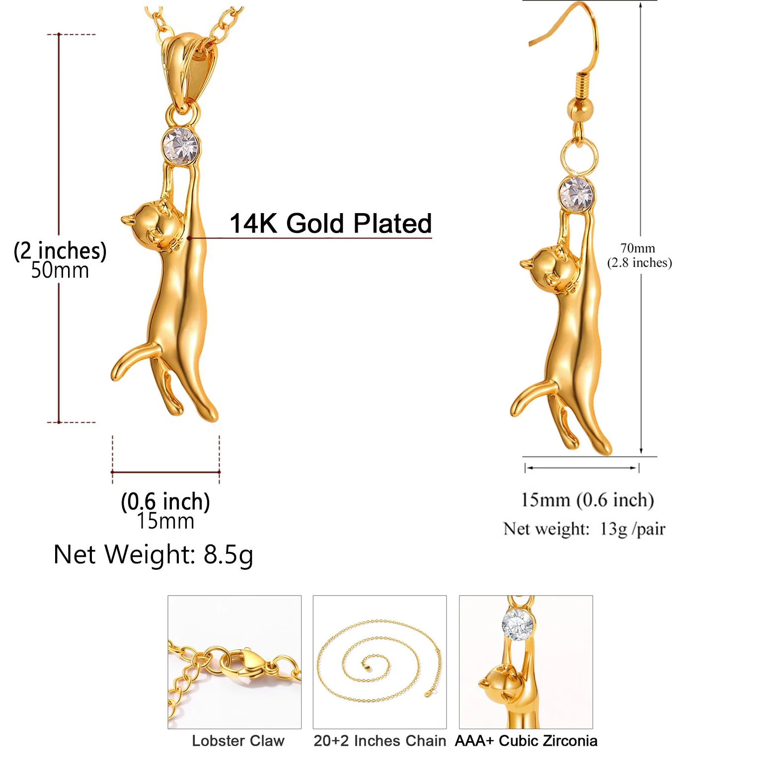 U7 Cat Necklace Earring Set for Woman 14K Gold Color Cute Pet Cat Chasing Ball CZ Jewelry Set for Her Gift for Cat Person