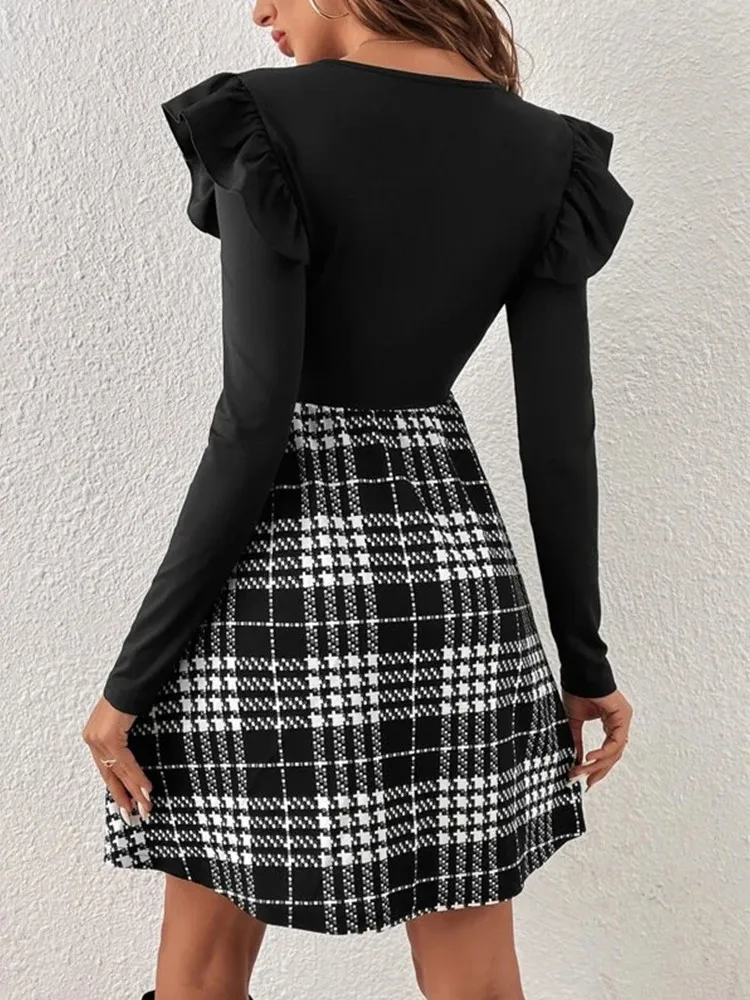 Women Elegant Dress Fall Winter New Black Sexy Short Dress Female O-Neck Long Sleeve patchwork plaid Slim Solid Color Mini Dress