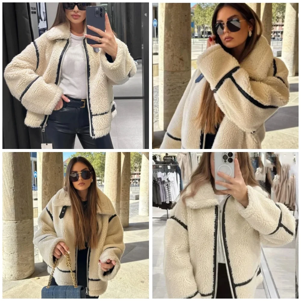 Autumn/Winter Patchwork Fluffy Jacket European/American Style Casual Lamb Wool Warm New Fashion Zipper Pocket Women\'s Coat