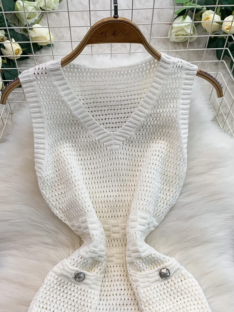 Summer 2025 Women's Knitted Hollow out Svel V-Ne Dr Slimming High Waist ort Skirt Comfortable Commute Sle Faion