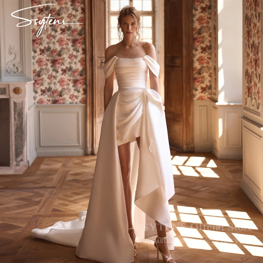 

SSYTENS Modern A-Line Wedding Dresses Off Shoulder 2 in 1 Detachable Train Wedding Ball Gowns Women Bridal Prom Dress Customized