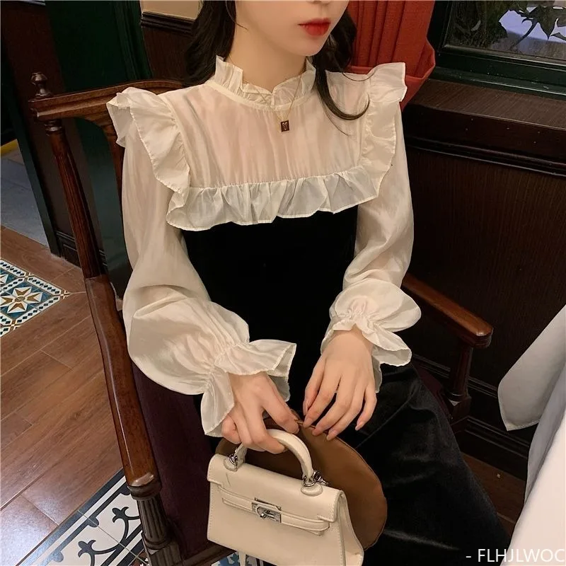 2024 New Year Winter Basic Wear Feminine Vestidos Women Office Lady Flare Sleeve Black Velvet White Ruffles Mesh Long Dress