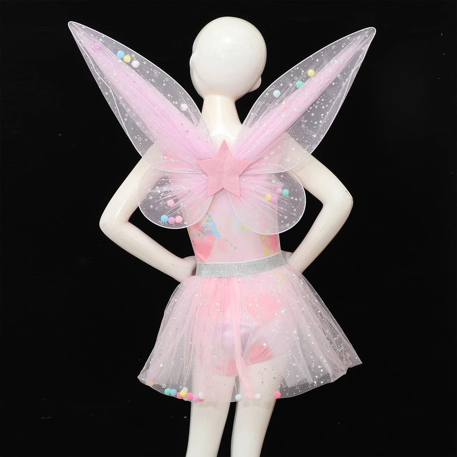 Girls Fairy Elf Wings Princess Butterfly Wings Colorful Pompoms Tulle Skirt And Star Wand 3-piece for Halloween Cosplay Dress-up