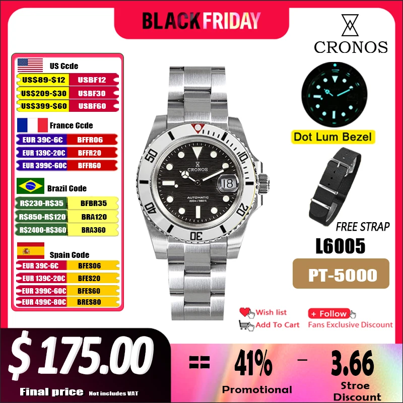 Cronos Sub Diver Men Watch Stainless Steel PT5000 Ceramic Bezel 200 meters Water Resistant Glideclasp L6005M Dial Patterm