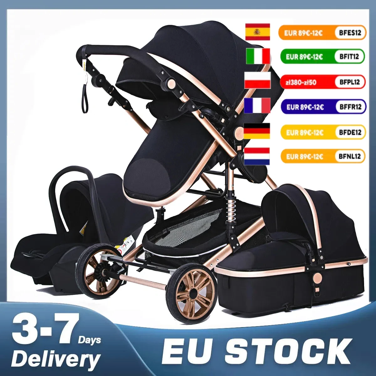 baby stroller 3 in 1 with car seat Environmentally friendly materials Four-wheel shock Absorption Aluminum Frame High Landscape