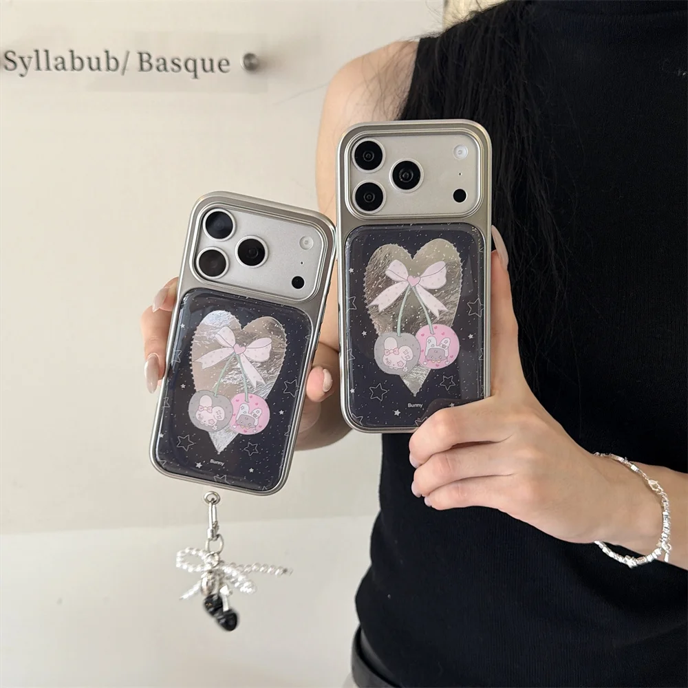 Kawaii Cherry Heart Bow Phone Case For iPhone 18 Pro Max 18 Pro 17 16 15 Electroplated Frame With Pearl Lanyard Shockproof Cover