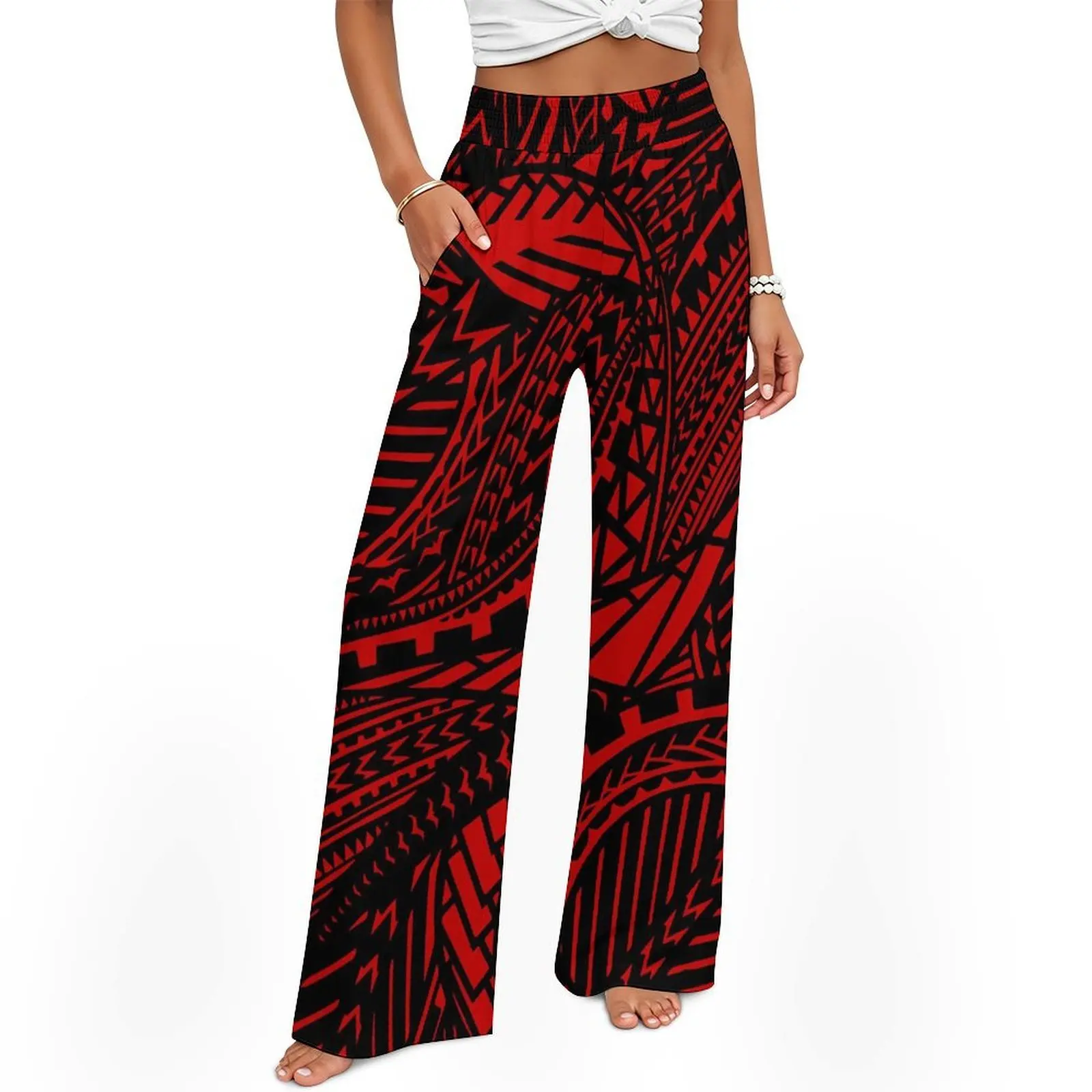 Tribal Designed Floral Print Polynesian Women'S Custom-Made Relaxed Loose Stretch High-Waist Pocket Design Wide-Leg Pants