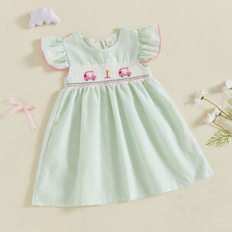 Abito estivo da ragazza giovanile con stampa scozzese e ricami di elementi da golf con girocollo e maniche svolazzanti