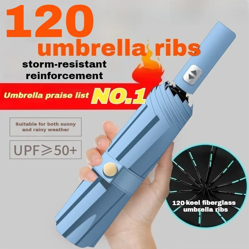 

120 Reinforced Ribs Automatic Folding Umbrella – Extra-Large UV & Wind Resistant for Sun Rain Storms & Commutes