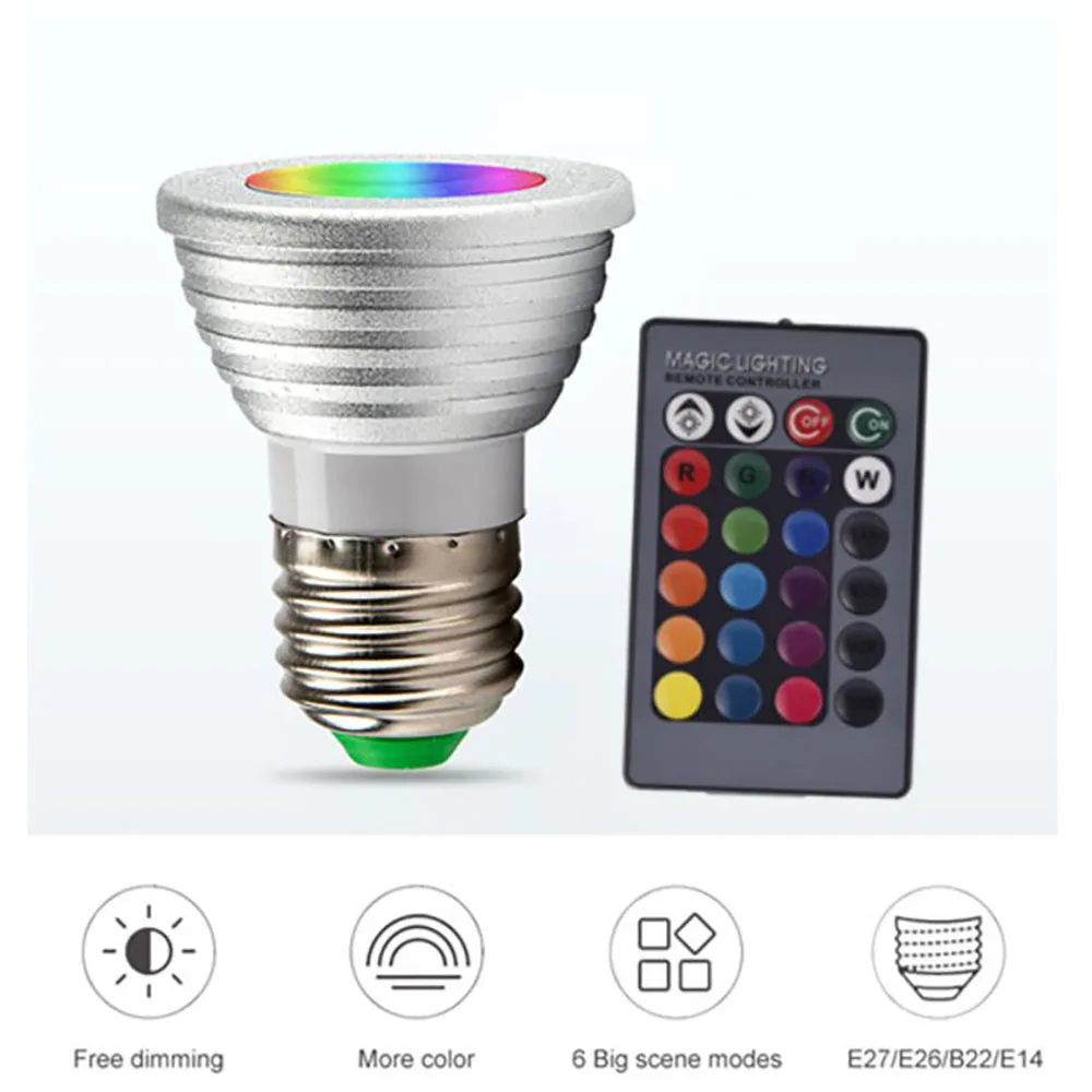 LED RGB 스포트라이트 전구, E27, 110V, 220V, 5W 원격 제어, 홈 장식, 컬러 홀리데이 RGB 조명