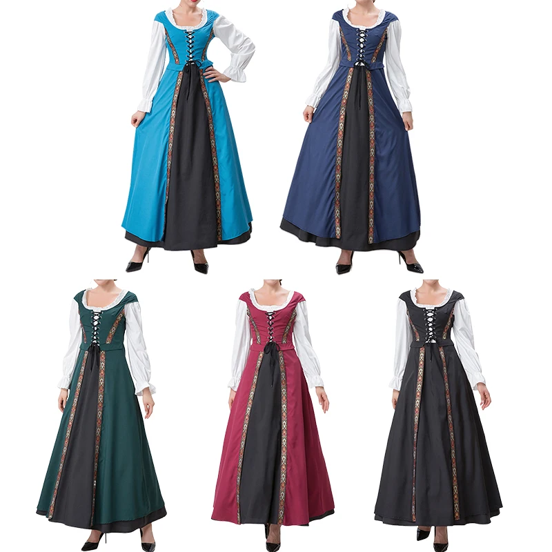

Medieval Women'S Retro Lace Stitching Dress Long Sleeve Victorian Court Gothic Puffy Dresses Halloween Party Cosplay Costume