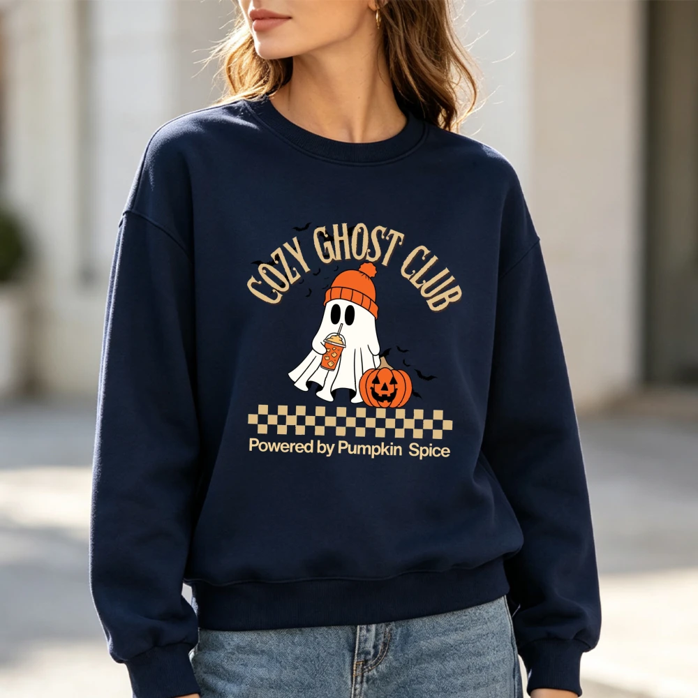 Cozy Ghost Club Print Sweatshirt Women Pumpkin Spice Ghost Graphic Sweatshirt Long Sleeve Pullover Cute Fall Fashion Hoodies