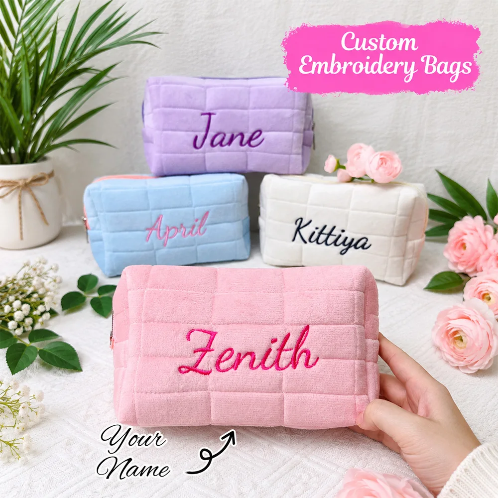 1/3/5pcsCustomizable Makeup Bag, Personalized Embroidered Name, Cute Plush Cosmetic Bag, Portable Travel Organizer, Party Favor