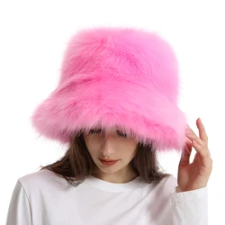 Winter Bucket Hat Women's Fashion Faux Fur Panama Warm Hats Female Vintage Faux Fox Fur Fisherman Cap Hats For Women