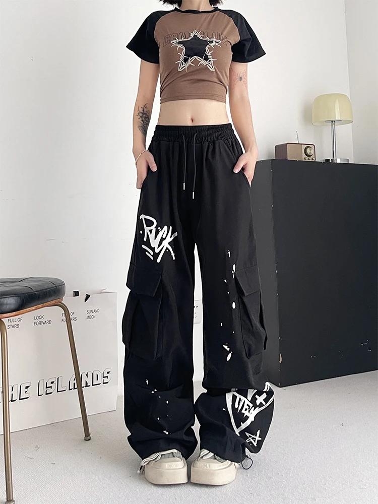 Women\'s Black Gothic Graffiti Cargo Pants Y2k 2000s Streetwear Vintage Emo Trousers Harajuku Parachute Pants Aesthetic Clothes