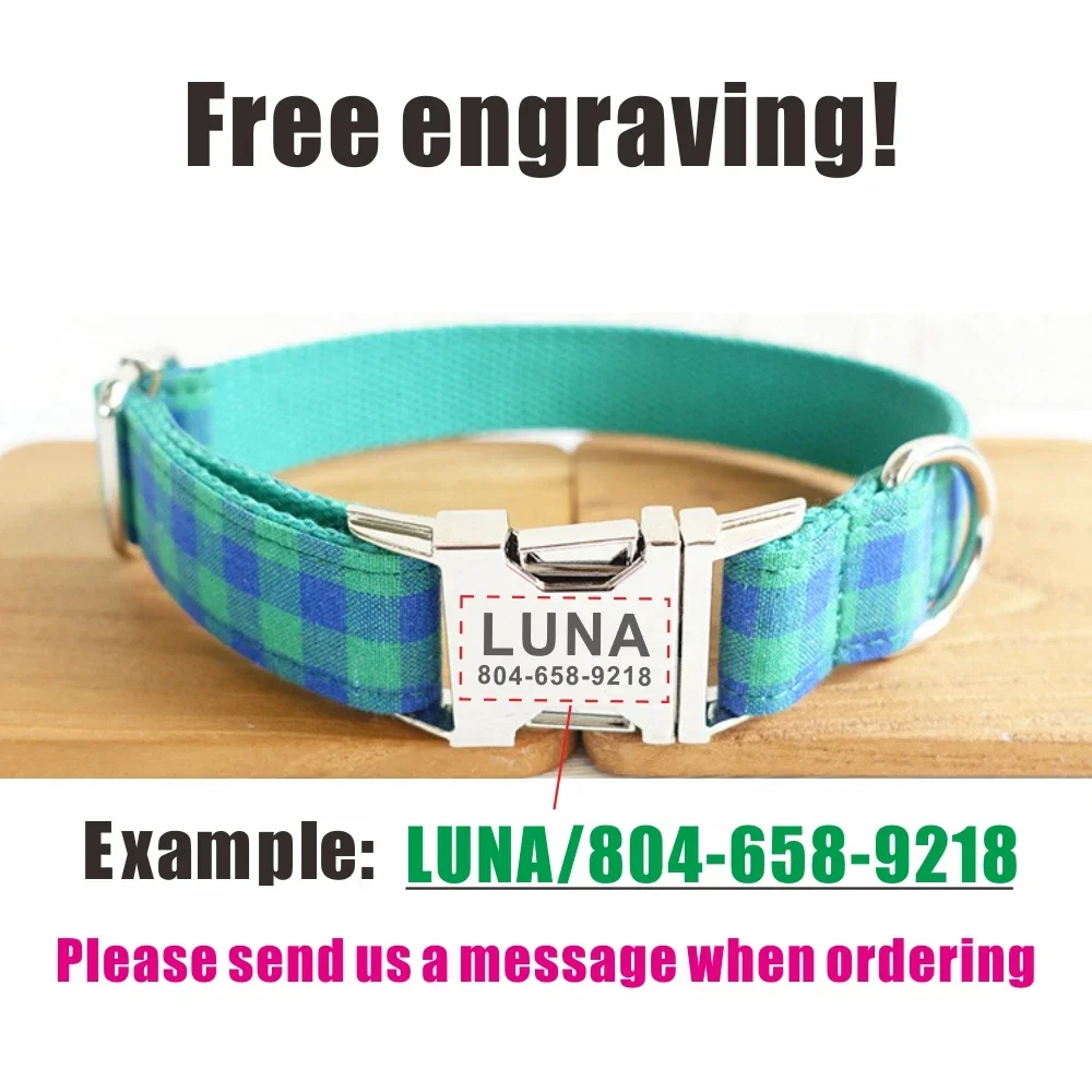 Personalized Pet Collar Free Engraving Custom Puppy Nameplate ID Tag Adjustable Buckle Green Blue Suit Plaid Collars Leash