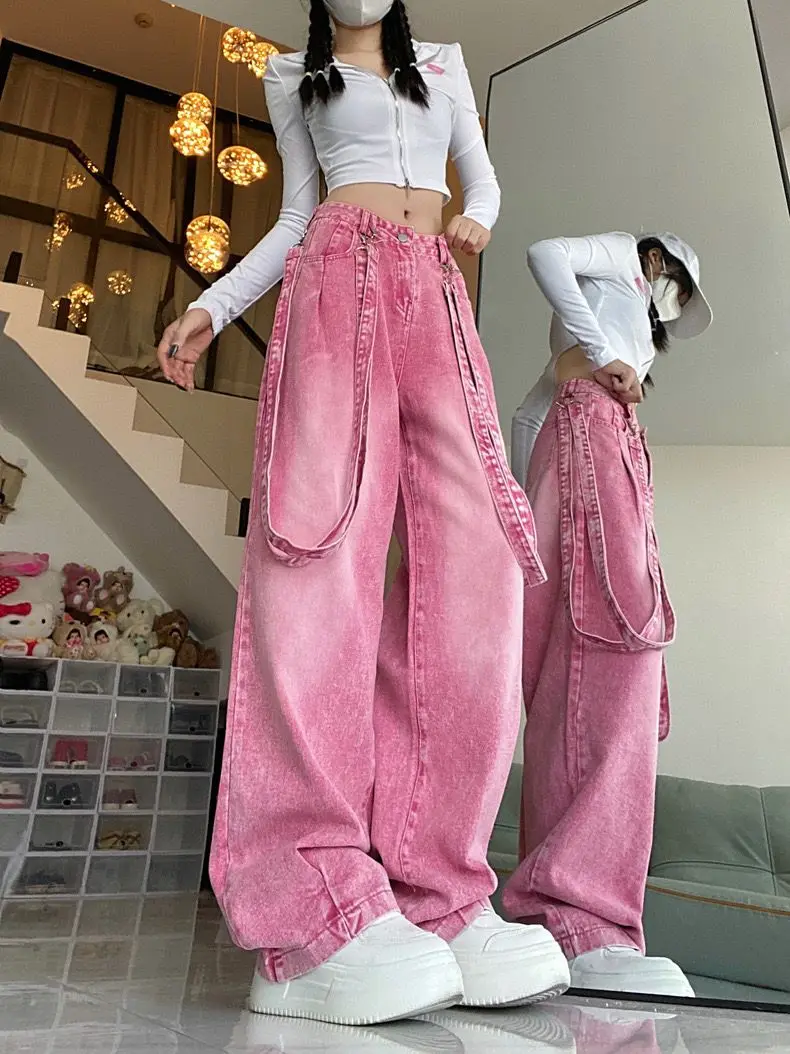 Streetwear Cut Out Denim Trousers Women Jeans High Waist Dopamine Pink Y2K Patchwork Belt Casual Loose Straight Cargo Pants