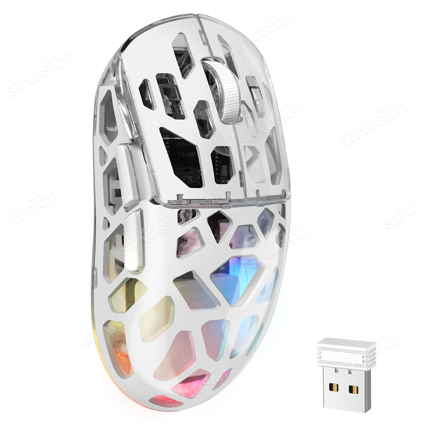 ماوس ألعاب 3 في 1 ثلاثي الوضع ماوس لاسلكي 11 أضواء RGB قابلة للتعديل DPI شفافة على شكل قرص العسل لنظام التشغيل Windows PC Mac