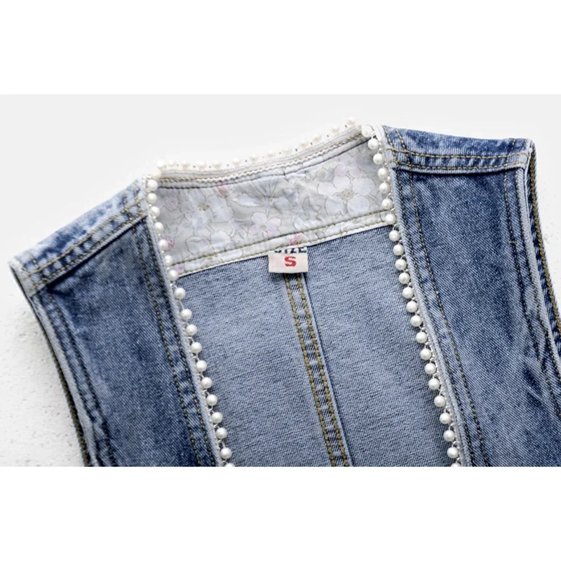 

Vintage Beading V Neck Denim Vest Women Casual Slim Short Cowboy Waistcoat Jacket Coat Cardigan Sleeveless Jeans Vests Female