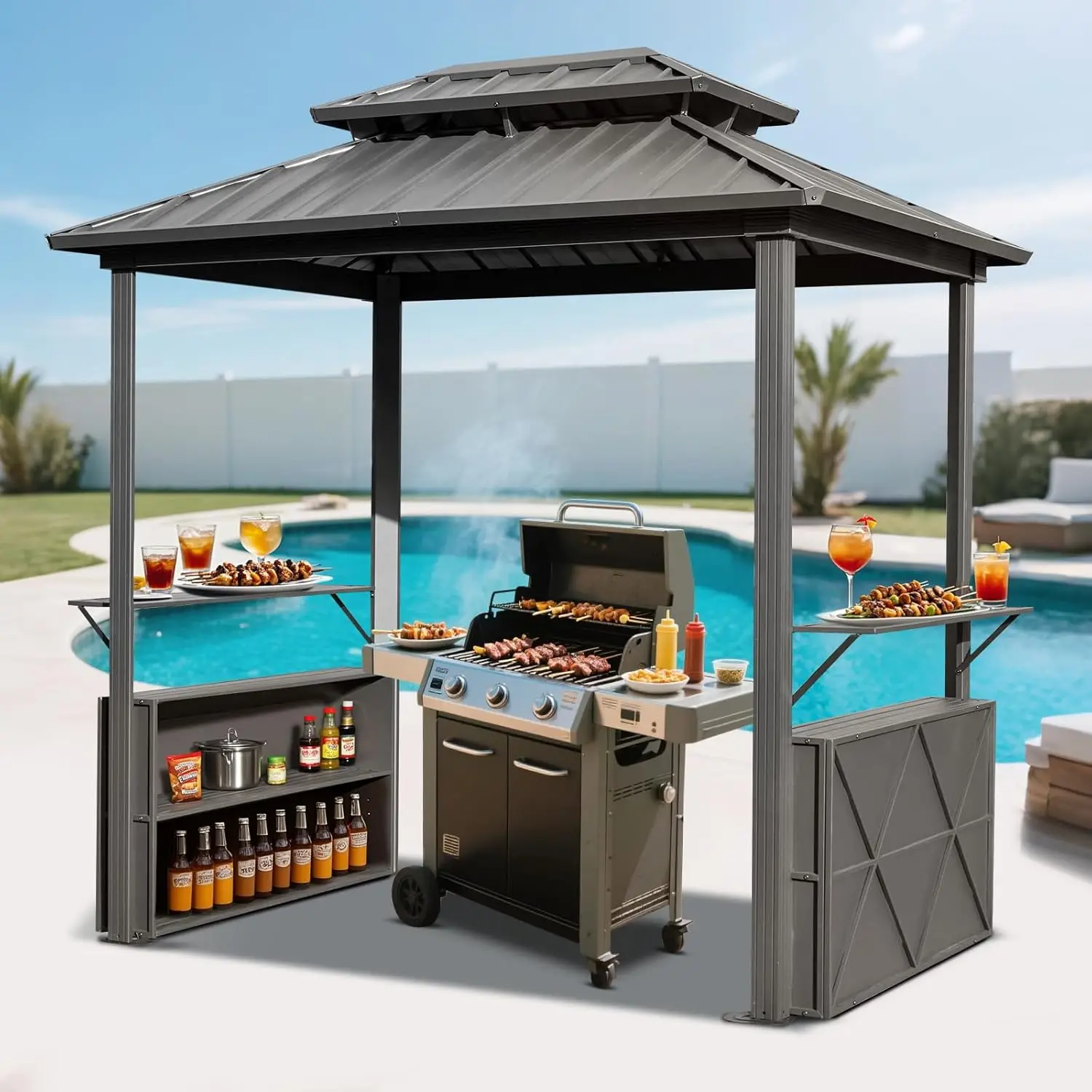 

8x6 Galvanized Steel Roof Grill Gazebo with Storage Cabinets Side Shelves Ceiling Hook for Patio Garden Deck Lawn, Customized