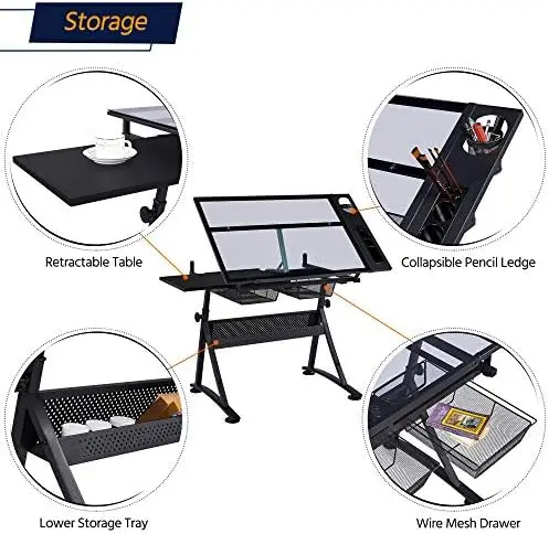 Drafting Table w/Stool Height Adjustable Multifunctional Art Craft Artists Desk Tilting Glass Tabletop Diamond view 6