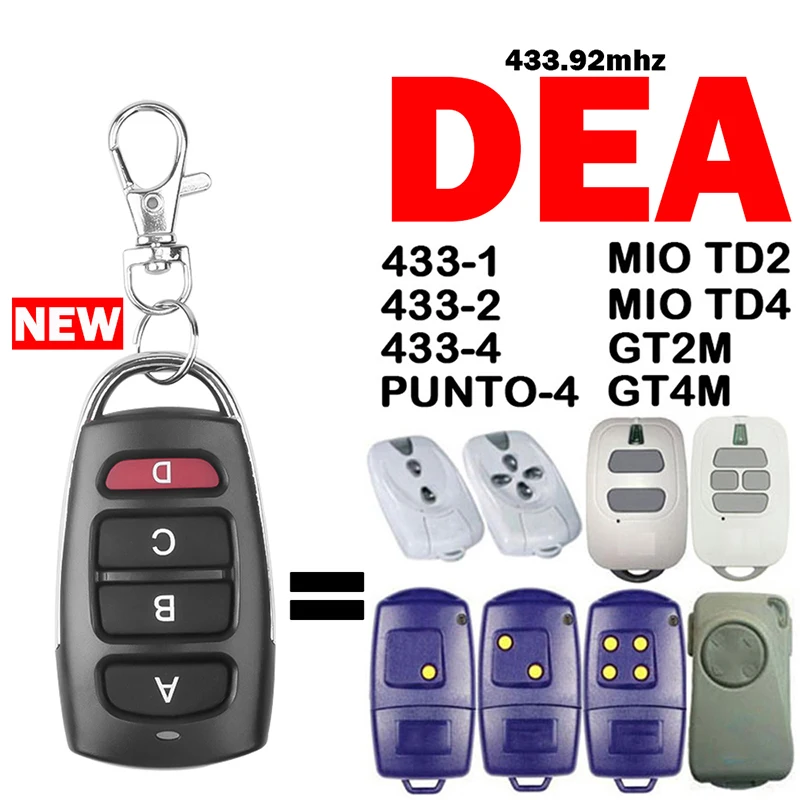 100% Clone DEA MIO TD2 TD4 GT2M GT4M PUNTO-4 433-1 433-2 433-4 Garage Remote Control 433MHz Fixed Code Garage Door Opener