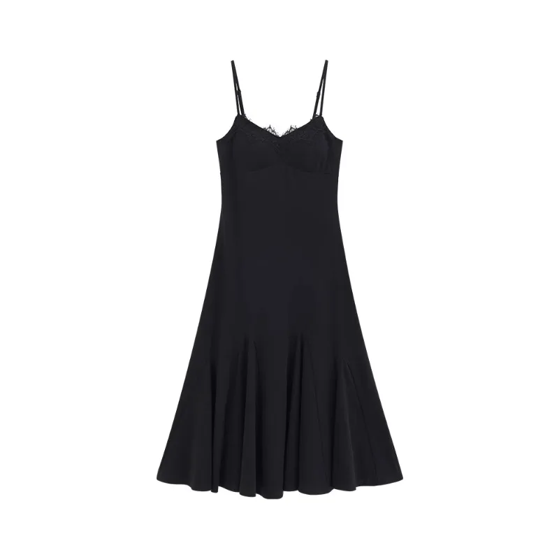 Elegant Black Lace Trimmed Heart Neck Slip Dress Spring Slim Fit Waist Cinching Sleeveless Maxi Dress Stretchy Stylish Dress