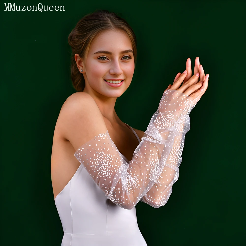 

TOPQUEEN Свадебные перчатки Белые шифоновые перчатки с маленьким принтом длиной до локтя Кремовые белые эластичные элегантные свадебные аксессуары Mm14