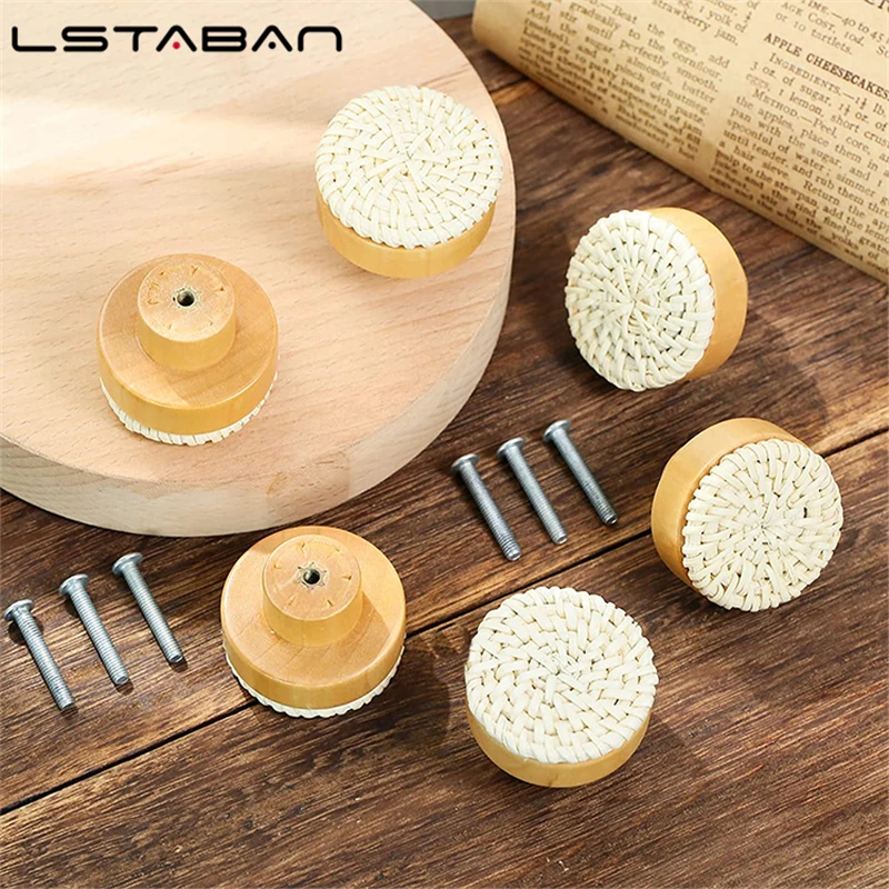 Single Hole Wooden Straw Rattan Cabinet Handle Drawer Wardrobe Diy Knob Wine Cabinet Bookcase Furniture Hardware Accessories