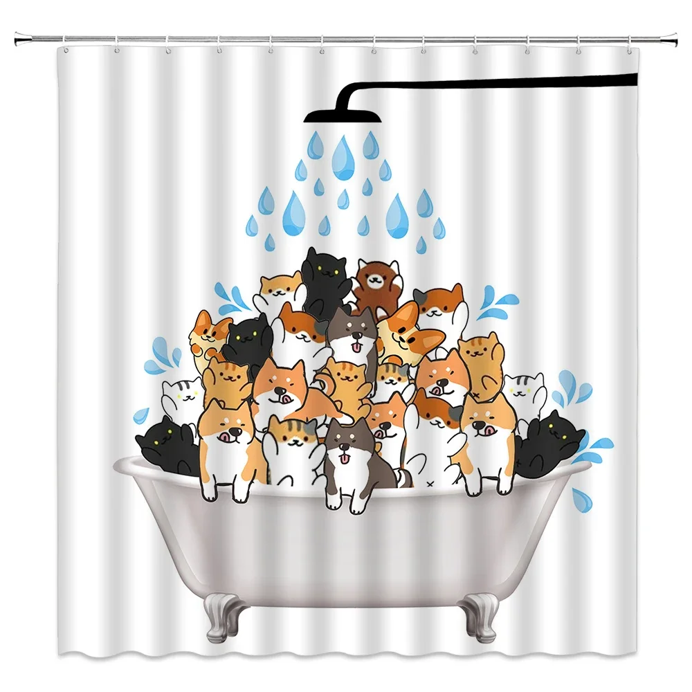 Cute Cartoon Bathing Cats Print Shower Curtain Waterproof Polyester Bathroom Curtain with 12 Hooks Easy Install for Home Bathroo