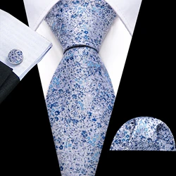 Barry.Wang Mens Tie Jacquard Necktie Pocket Square Cufflinks Set Babysbreath Flower for Male Wedding Business Stylish Casual