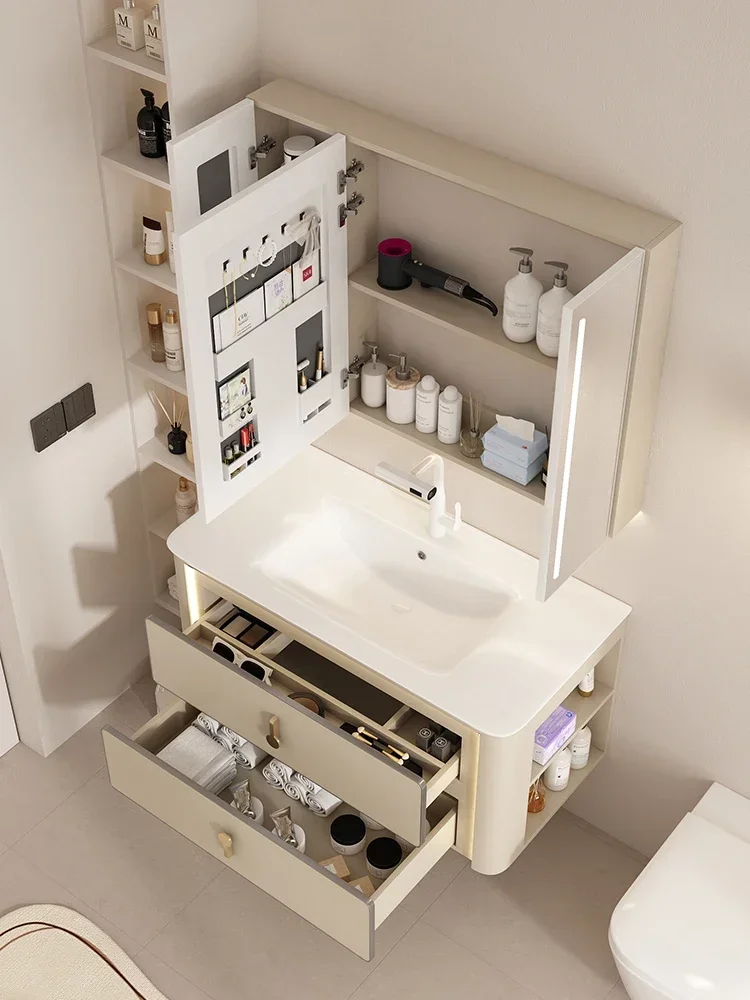 단단한 나무 크림 욕실 캐비닛 세라믹 전체 세면대 측면 보관 화장실 손 세척 욕실 캐비닛 조합
