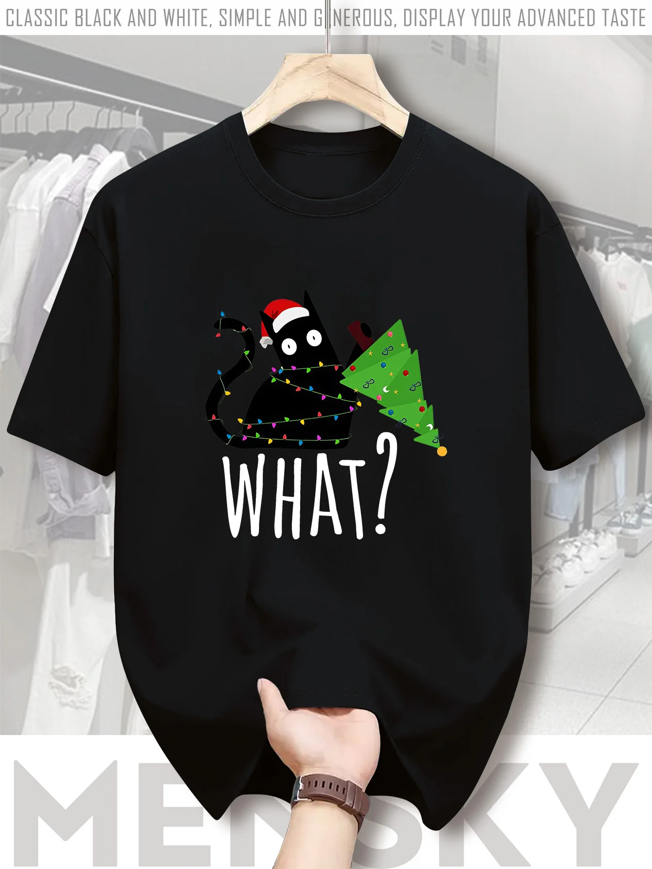 

Men's Deer Print T-Shirt - Casual Short Sleeve Summer Tee with Christmas & Funny "WHAT" Deer Graphic, Black Round Neck S